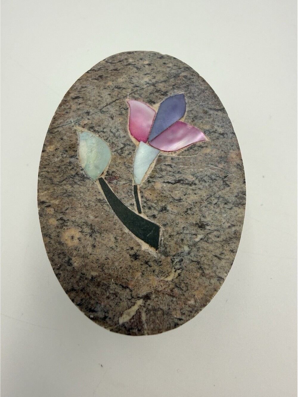Vintage Handcrafted Oval Soapstone With Floral Inlay India Trinket Box